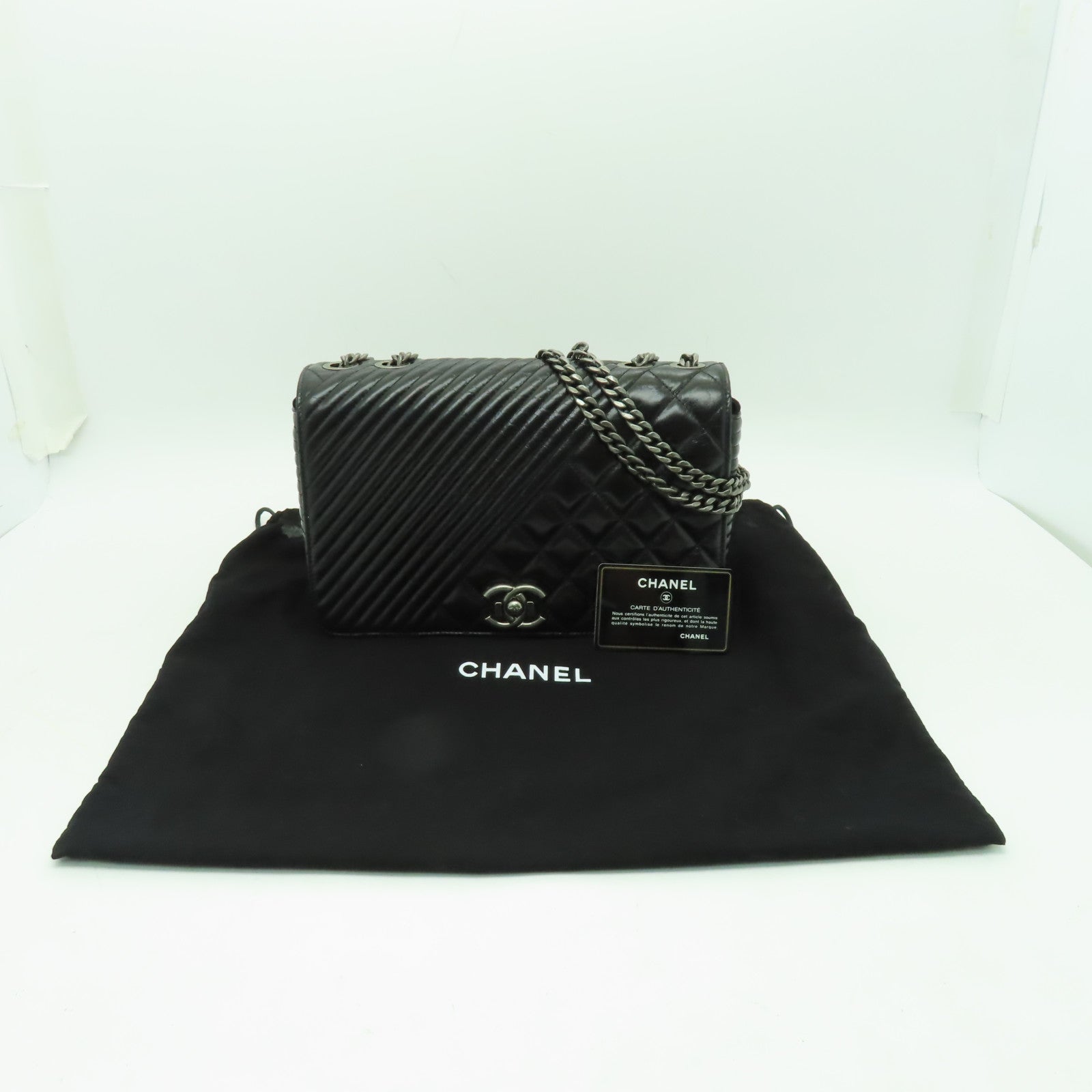 CHANEL 牛皮皮革Chain Shoulder銀扣肩背袋黑色