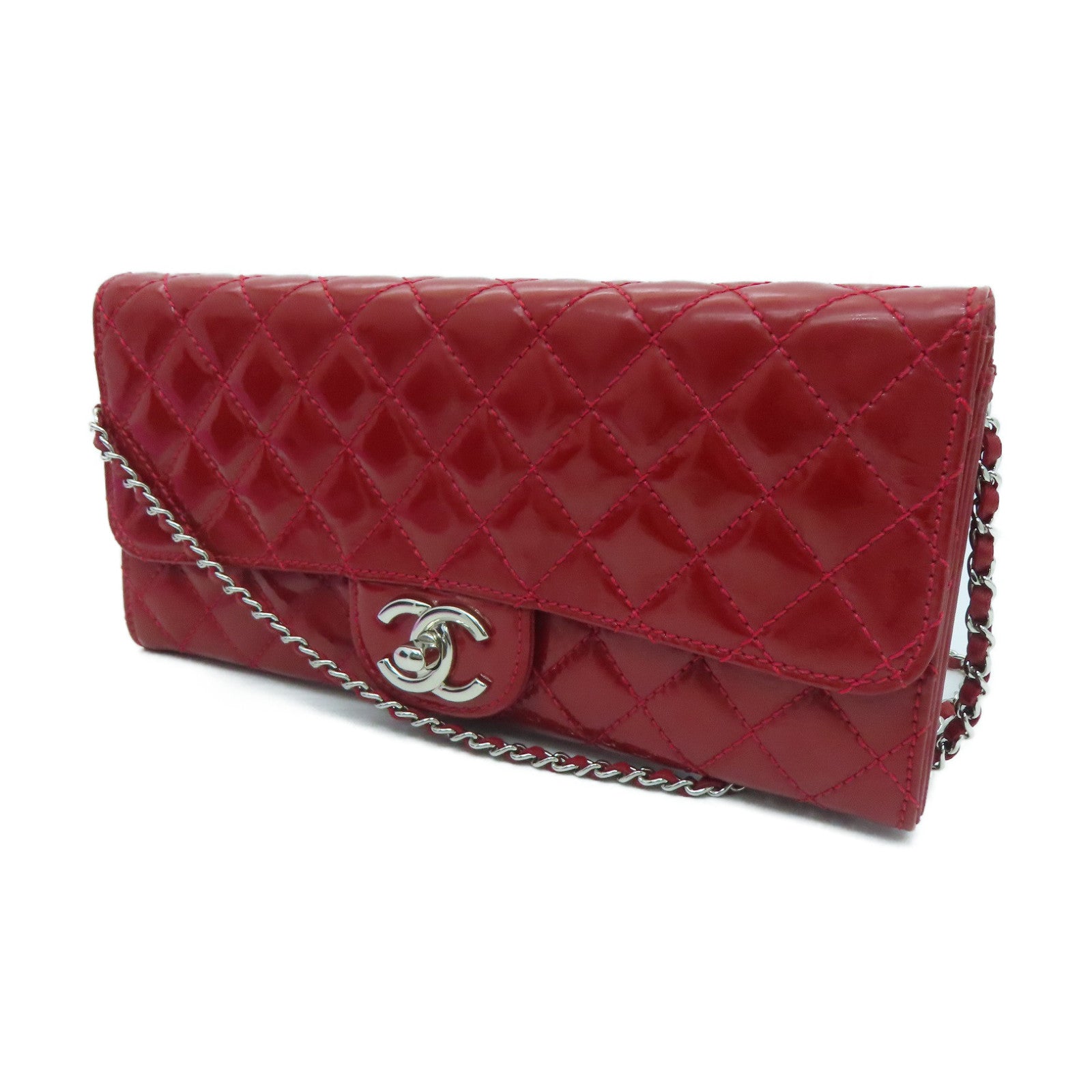 CHANEL 菱格漆皮皮革Chain Shoulder Bag银扣肩背袋红色