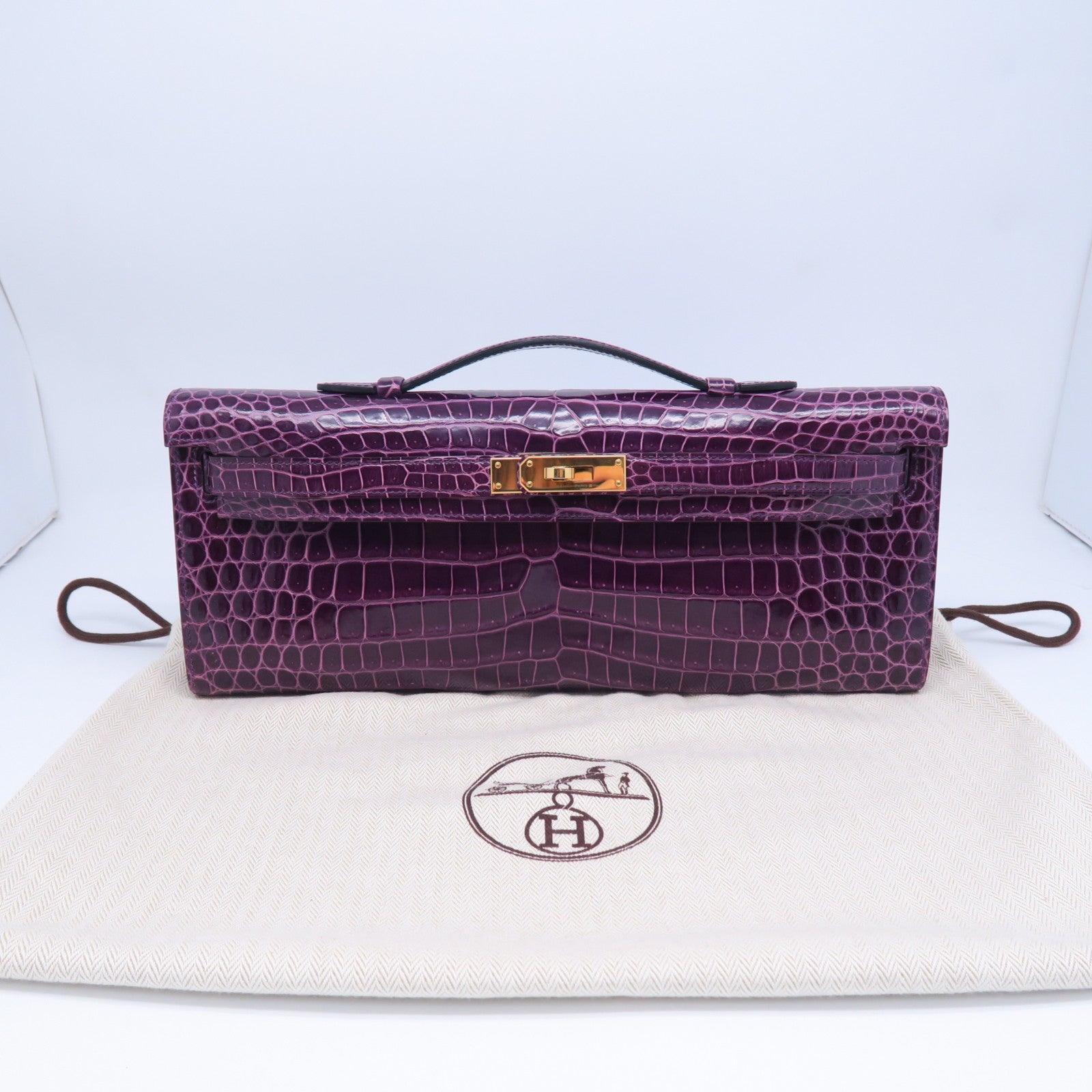 HERMES Croco Porosus鳄鱼皮革Kelly Cut金扣手拿包紫水晶色