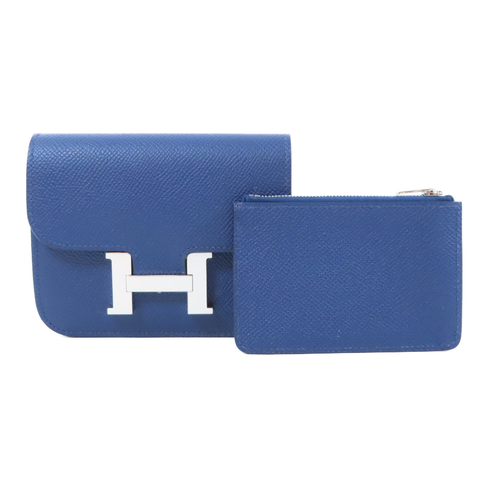 HERMES Epsom皮革Constance Slim銀扣錢包藍色