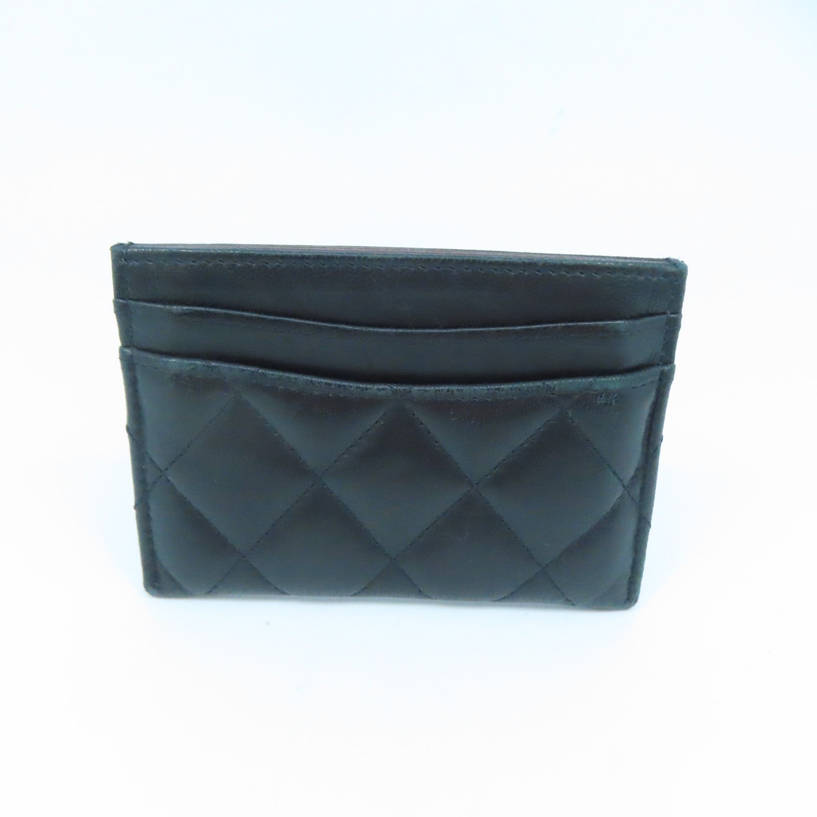 CHANEL Rhombus Sheepskin Leather Card Case Gold Buckle Card Holder Black