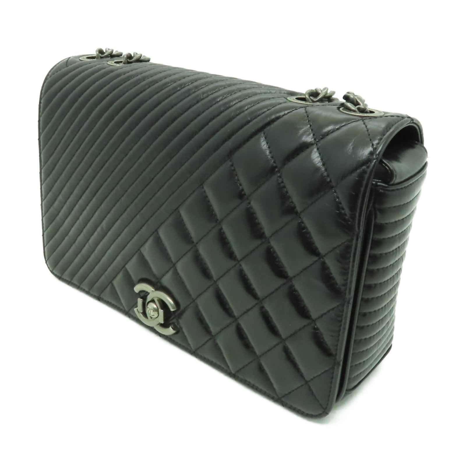 CHANEL 牛皮皮革Chain Shoulder銀扣肩背袋黑色