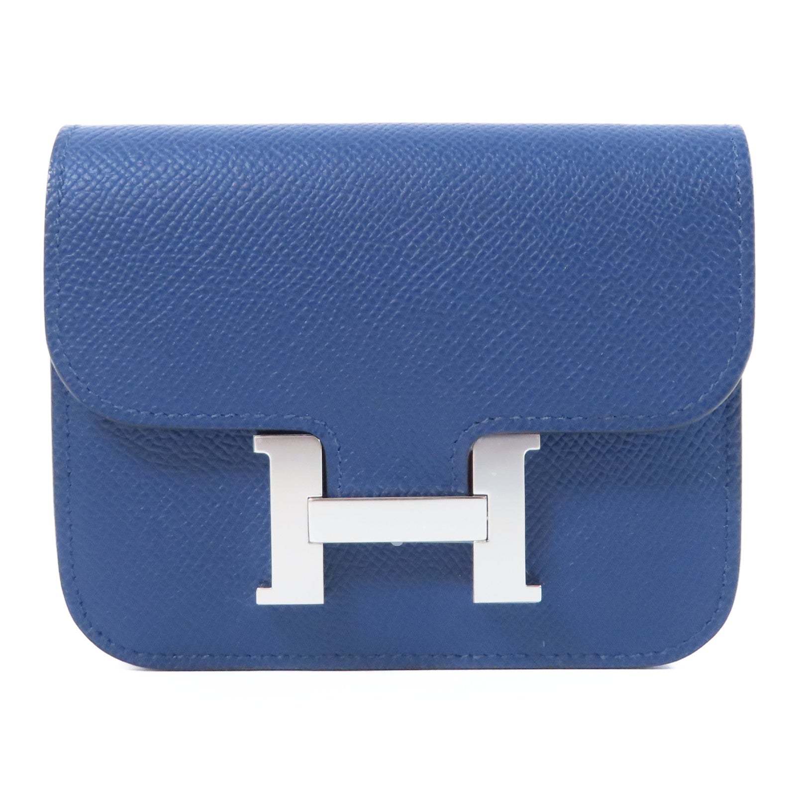 HERMES Epsom皮革Constance Slim銀扣錢包藍色