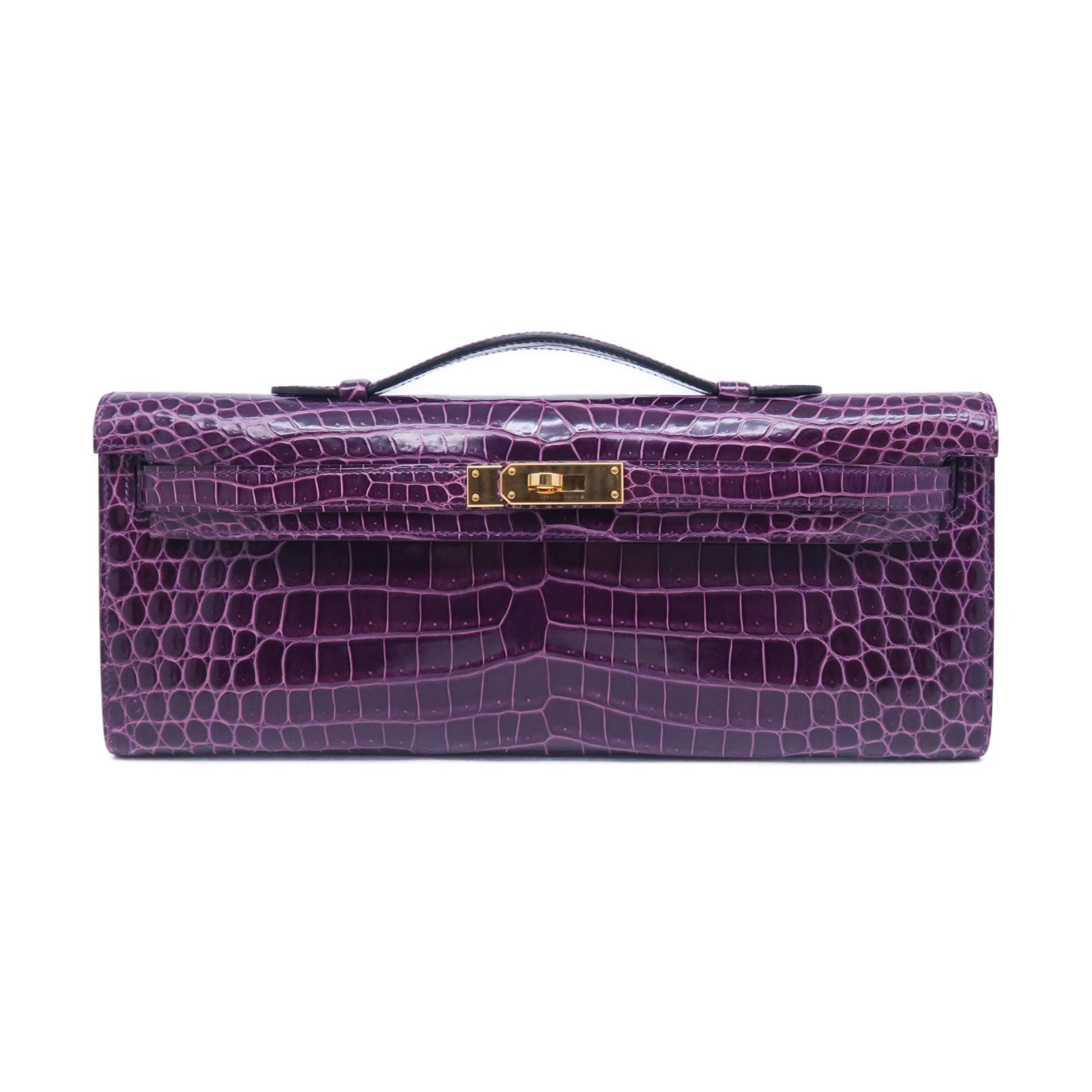 HERMES Croco Porosus鱷魚皮革Kelly Cut金扣手拿包紫水晶色
