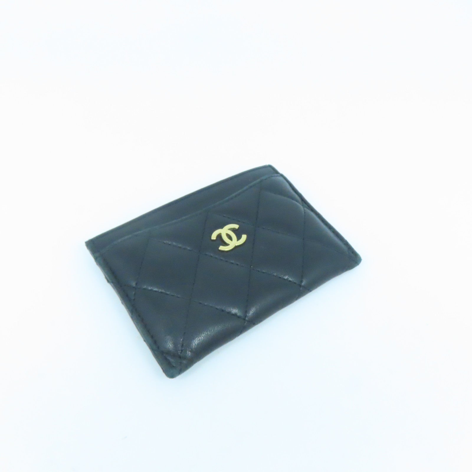 CHANEL Rhombus Sheepskin Leather Card Case Gold Buckle Card Holder Black