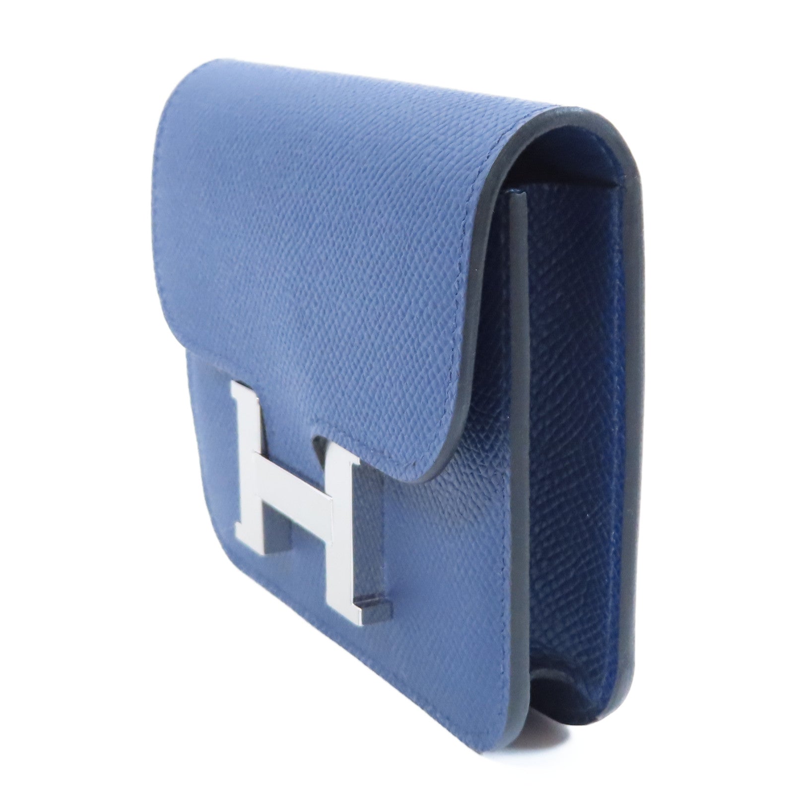 HERMES Epsom皮革Constance Slim銀扣錢包藍色