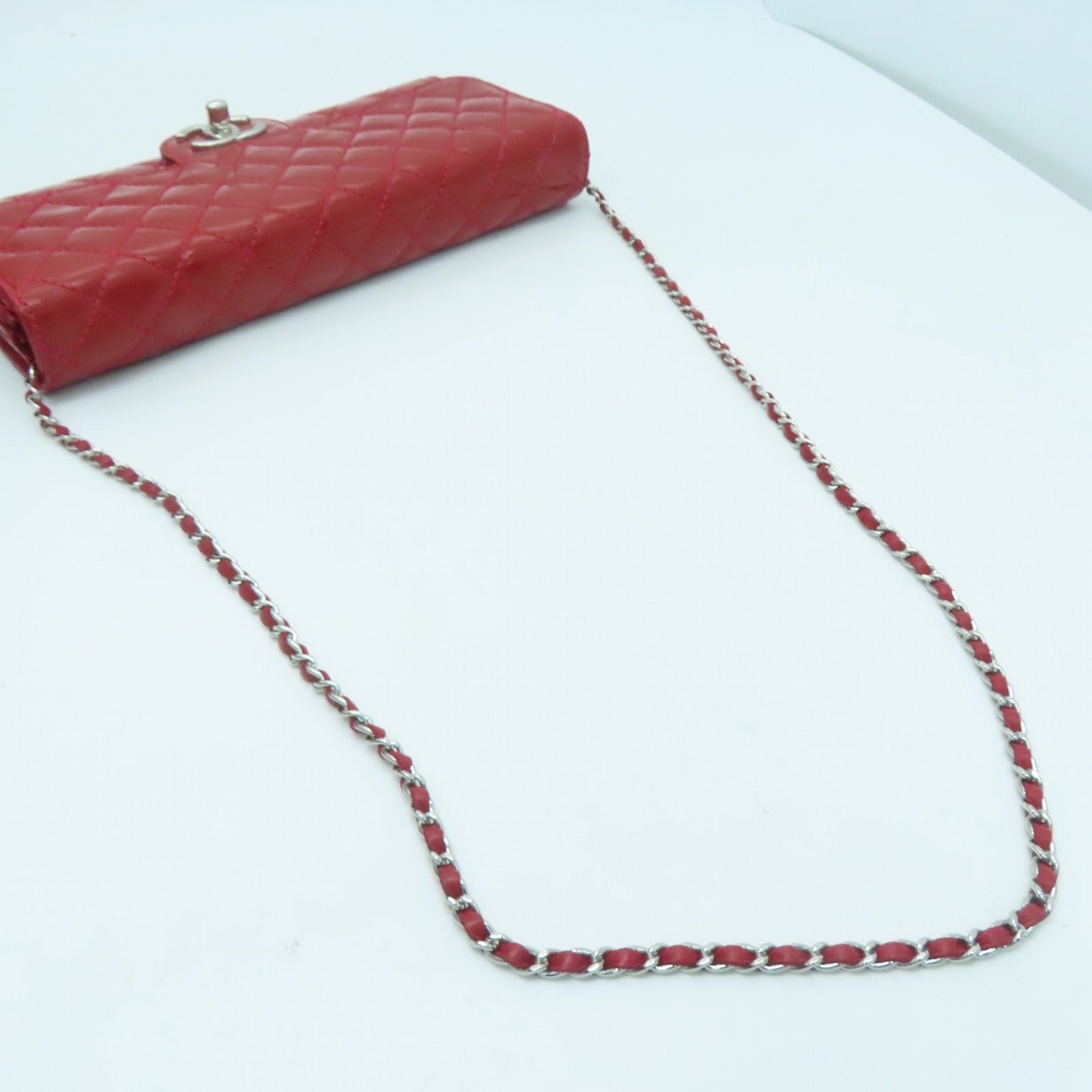 CHANEL 菱格漆皮皮革Chain Shoulder Bag银扣肩背袋红色