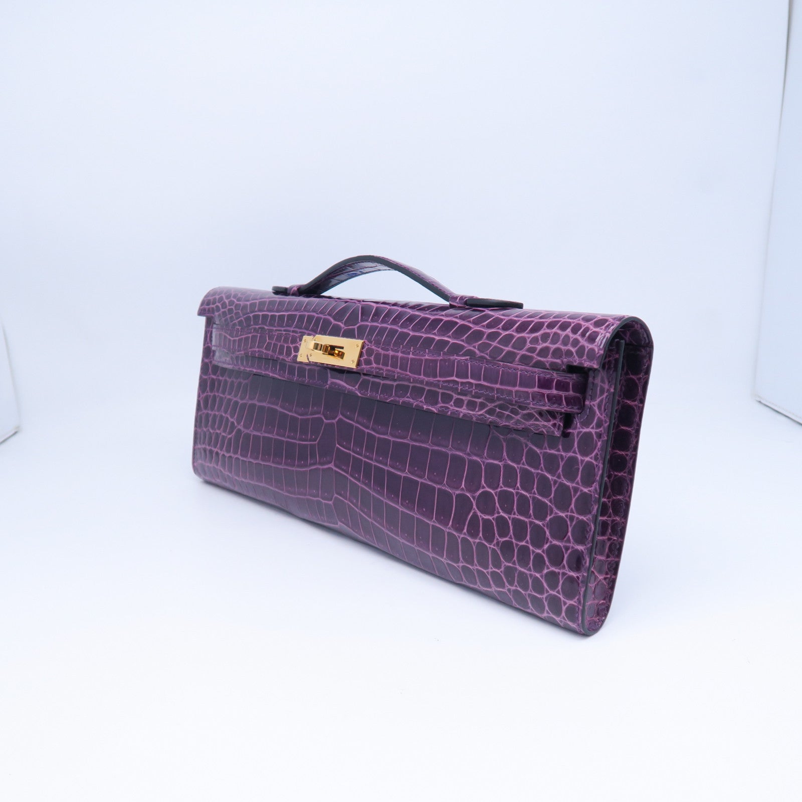 HERMES Croco Porosus鳄鱼皮革Kelly Cut金扣手拿包紫水晶色