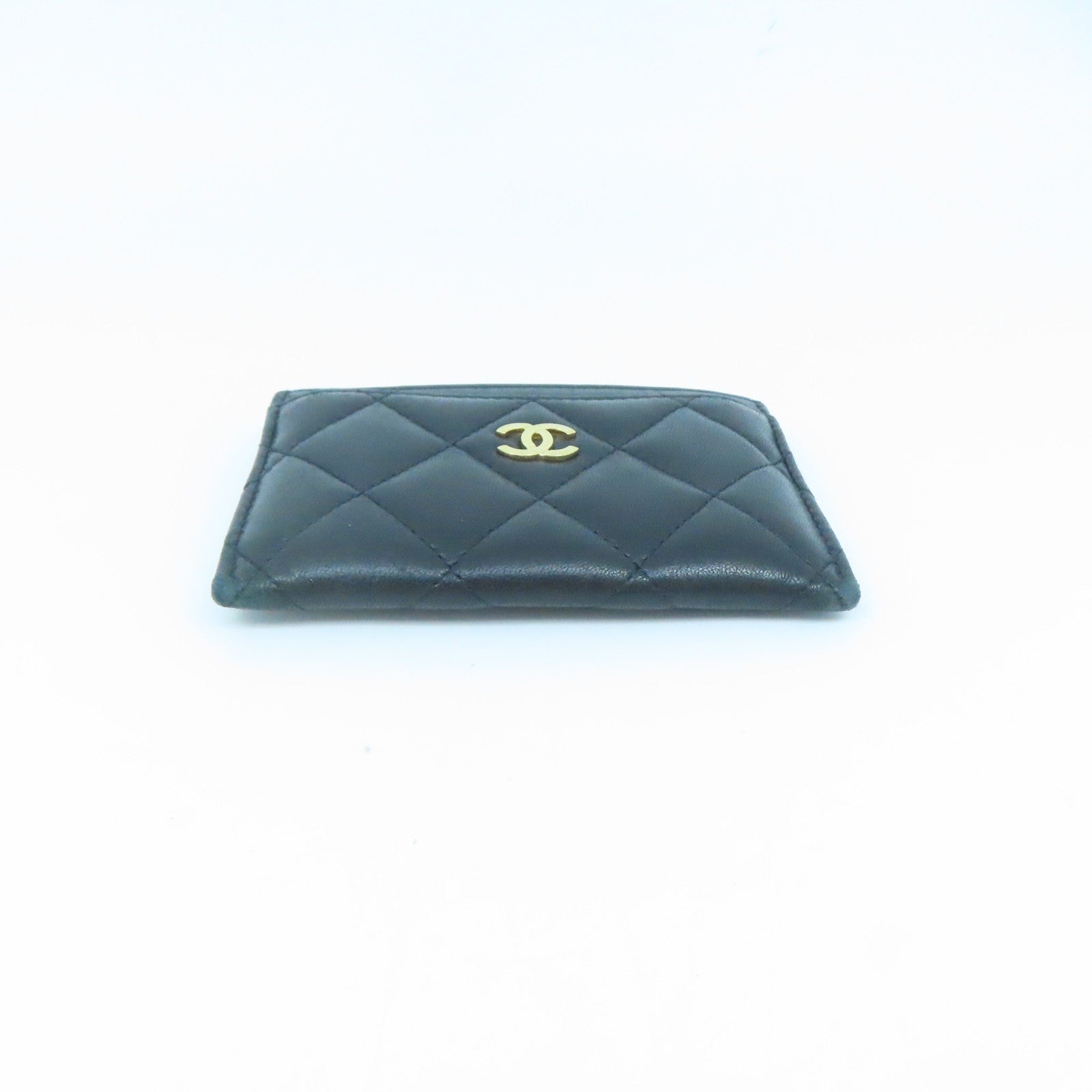 CHANEL Rhombus Sheepskin Leather Card Case Gold Buckle Card Holder Black
