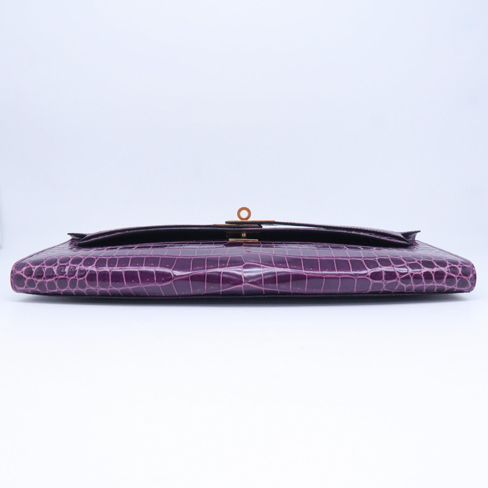 HERMES Croco Porosus鳄鱼皮革Kelly Cut金扣手拿包紫水晶色