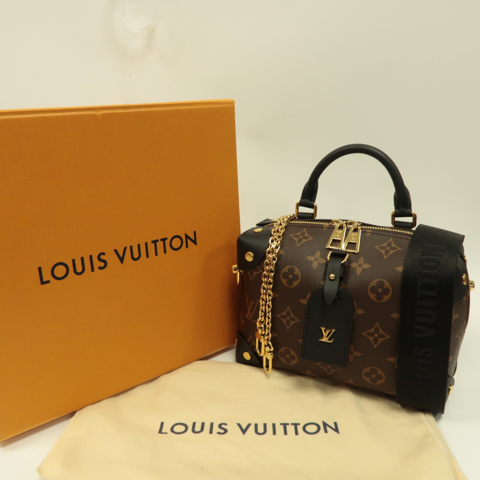LOUIS VUITTON Monogram Petite Malle Souple金扣手挽肩背兩用袋啡色/黑色