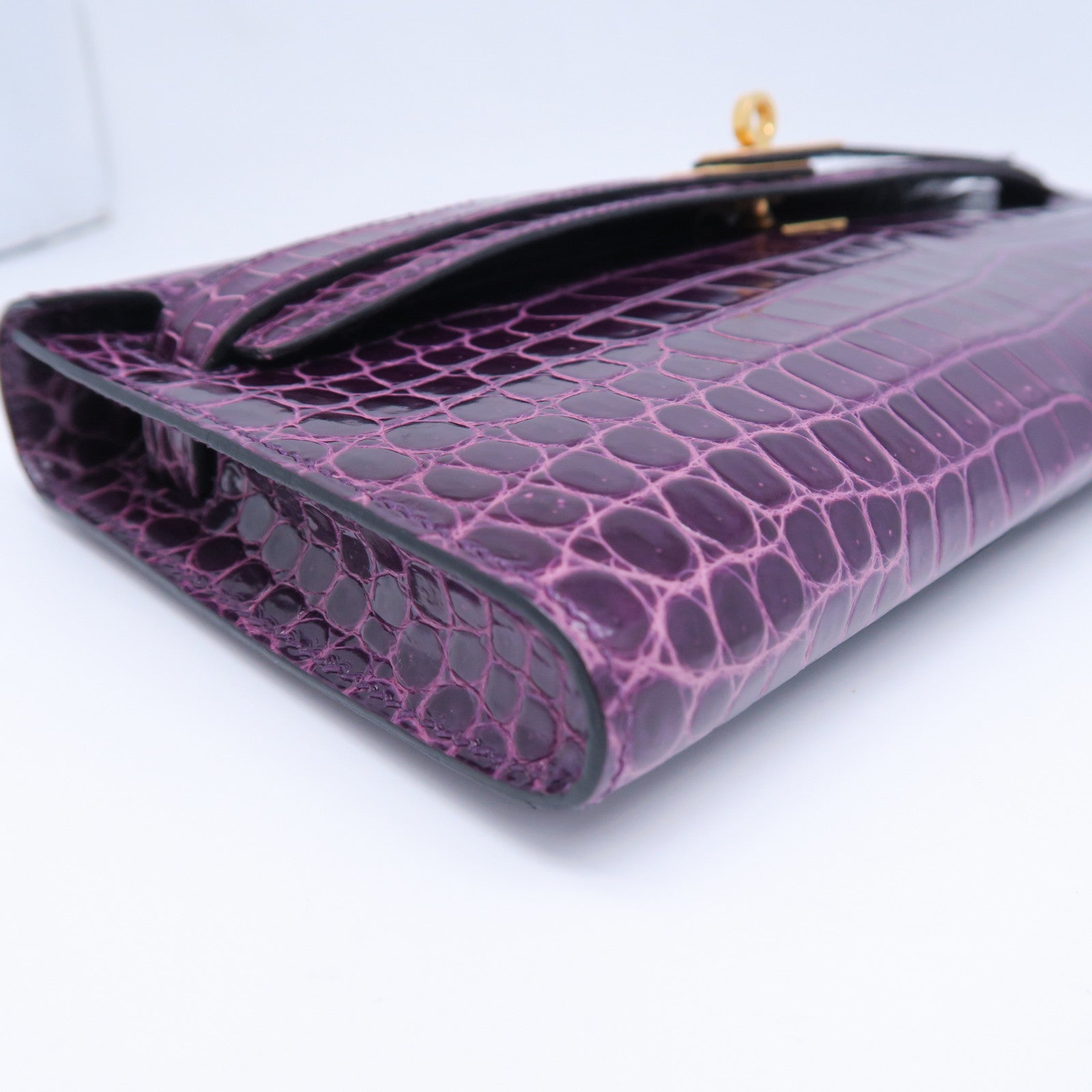 HERMES Croco Porosus鳄鱼皮革Kelly Cut金扣手拿包紫水晶色