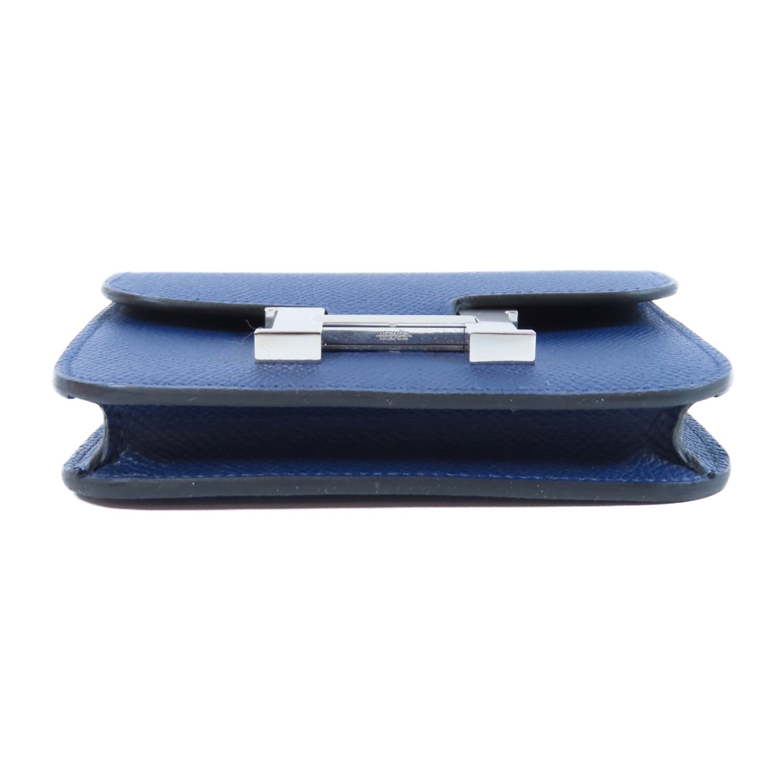 HERMES Epsom皮革Constance Slim銀扣錢包藍色