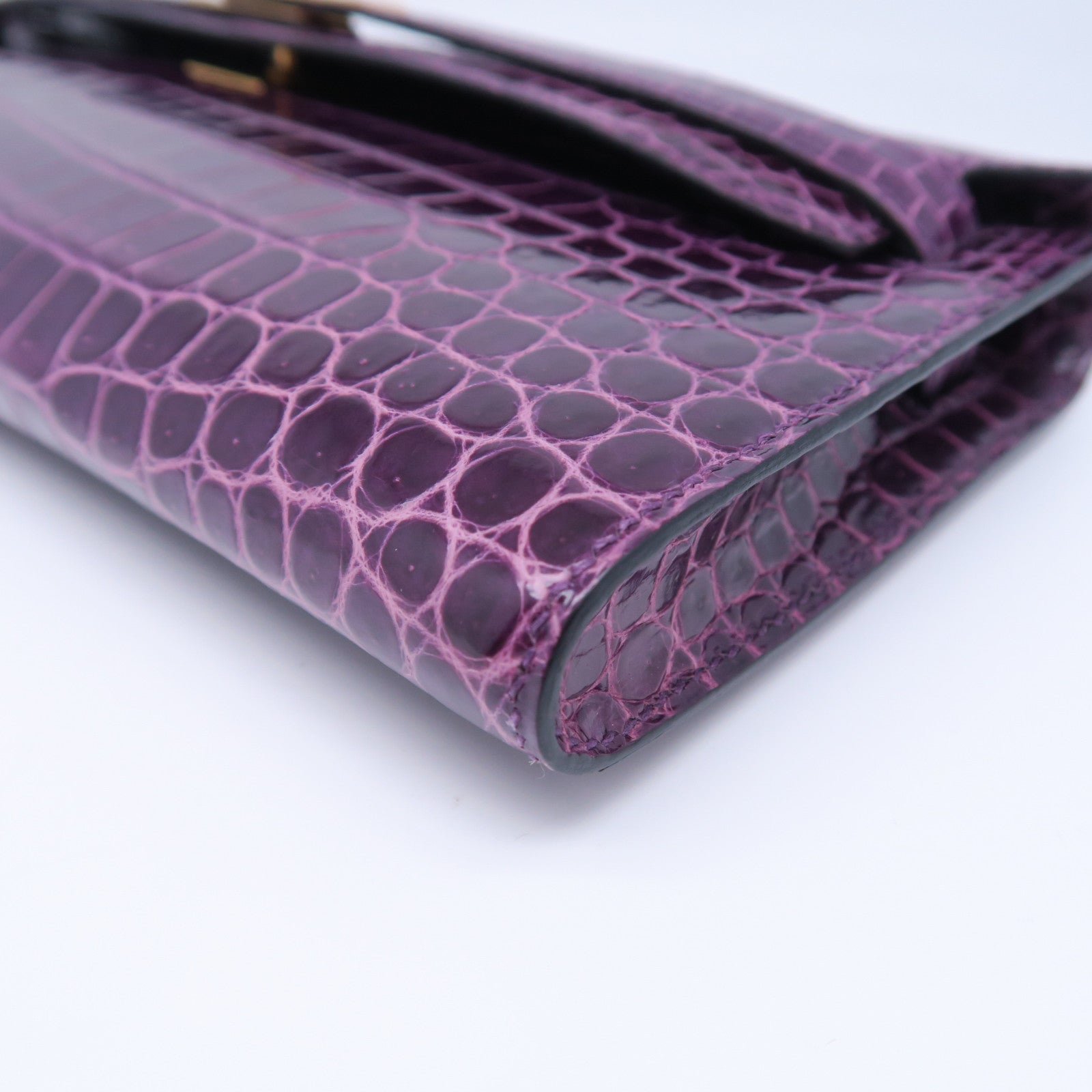 HERMES Croco Porosus鳄鱼皮革Kelly Cut金扣手拿包紫水晶色