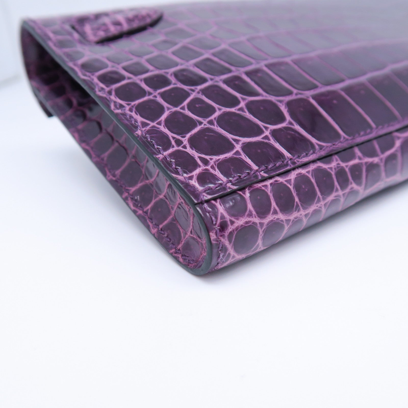 HERMES Croco Porosus鳄鱼皮革Kelly Cut金扣手拿包紫水晶色