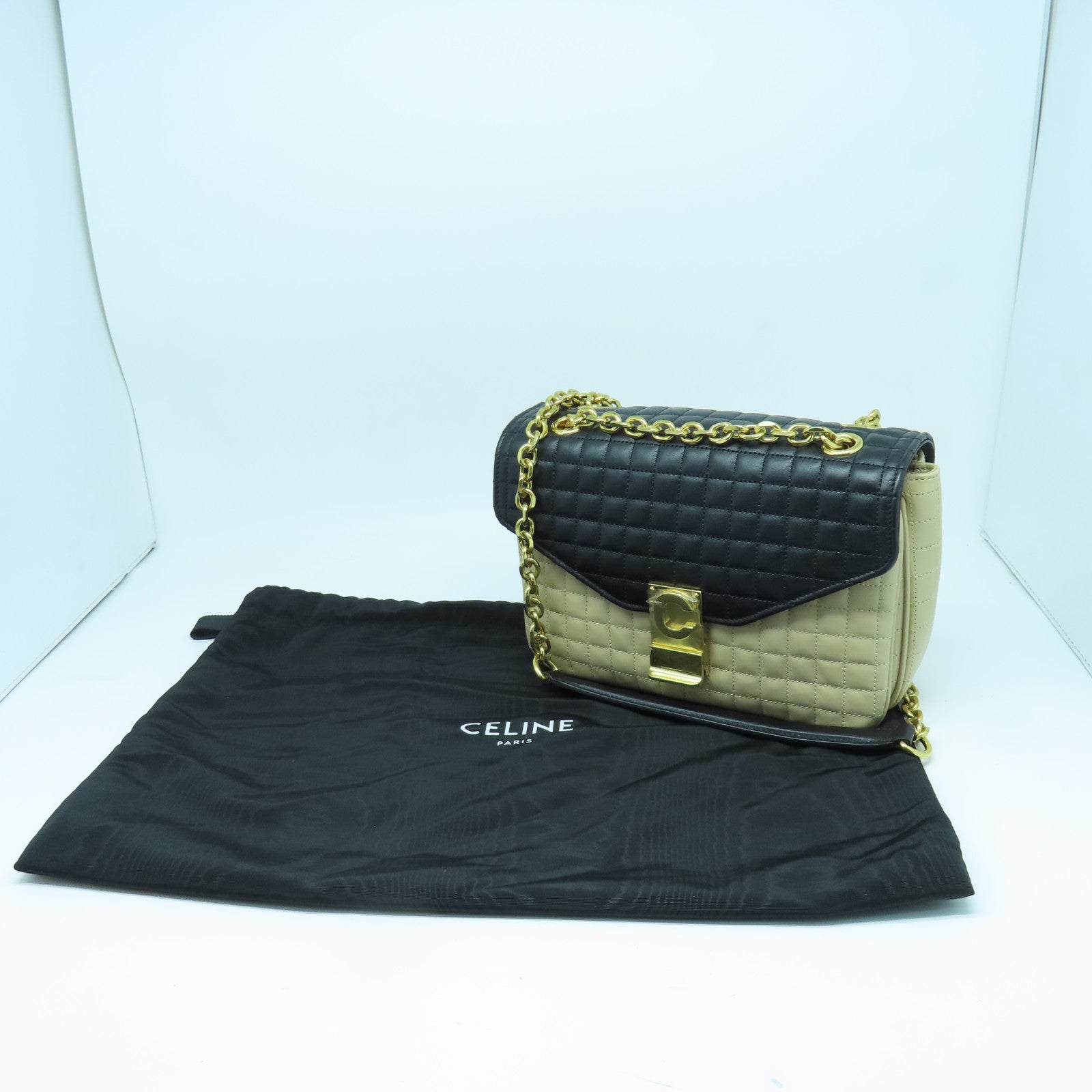 CELINE Leather C Bag Gold Buckle Chain Shoulder Bag Taupe/Black
