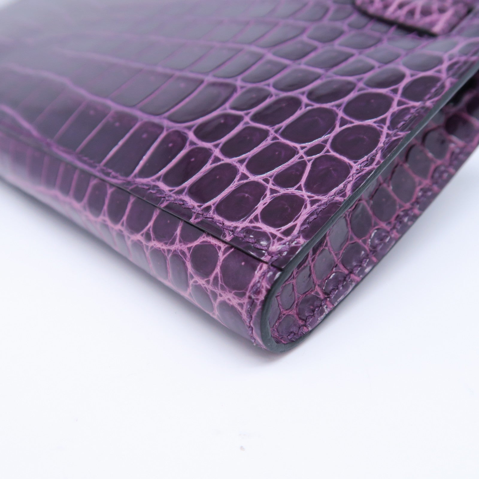 HERMES Croco Porosus鳄鱼皮革Kelly Cut金扣手拿包紫水晶色