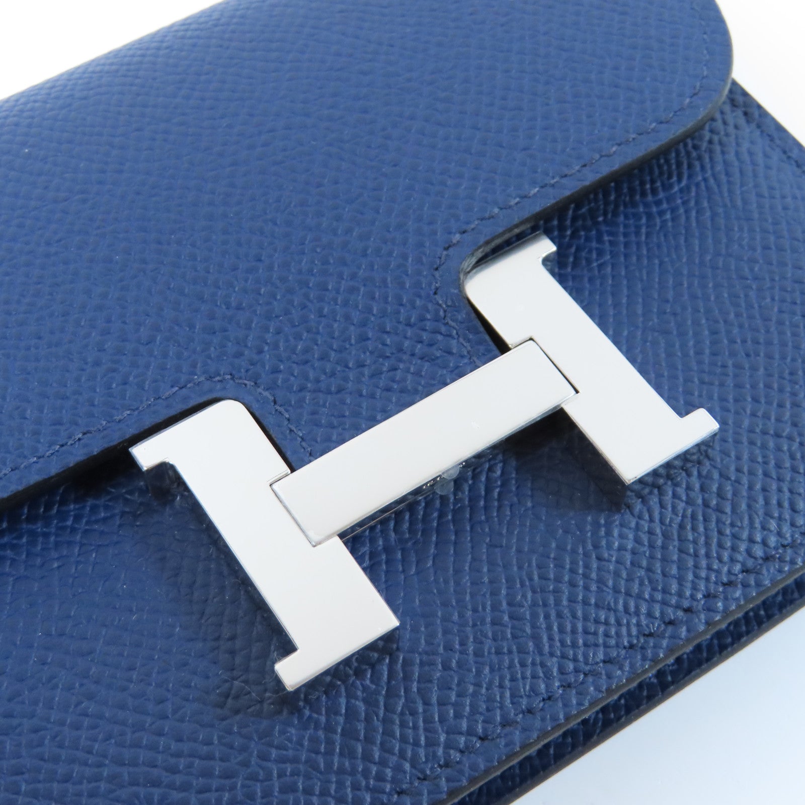 HERMES Epsom皮革Constance Slim銀扣錢包藍色