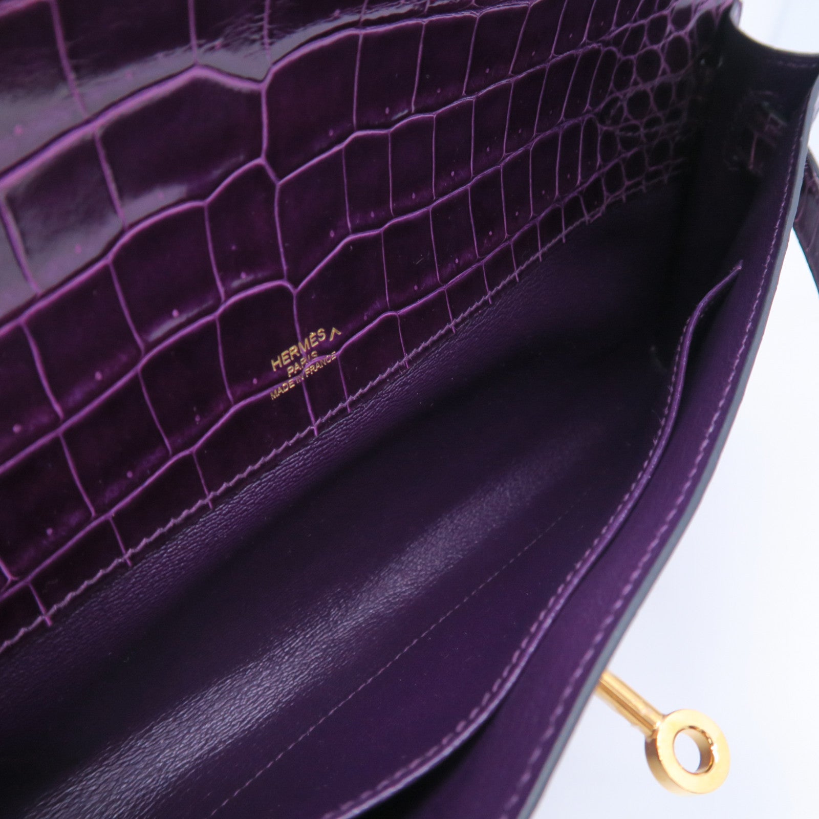 HERMES Croco Porosus鳄鱼皮革Kelly Cut金扣手拿包紫水晶色