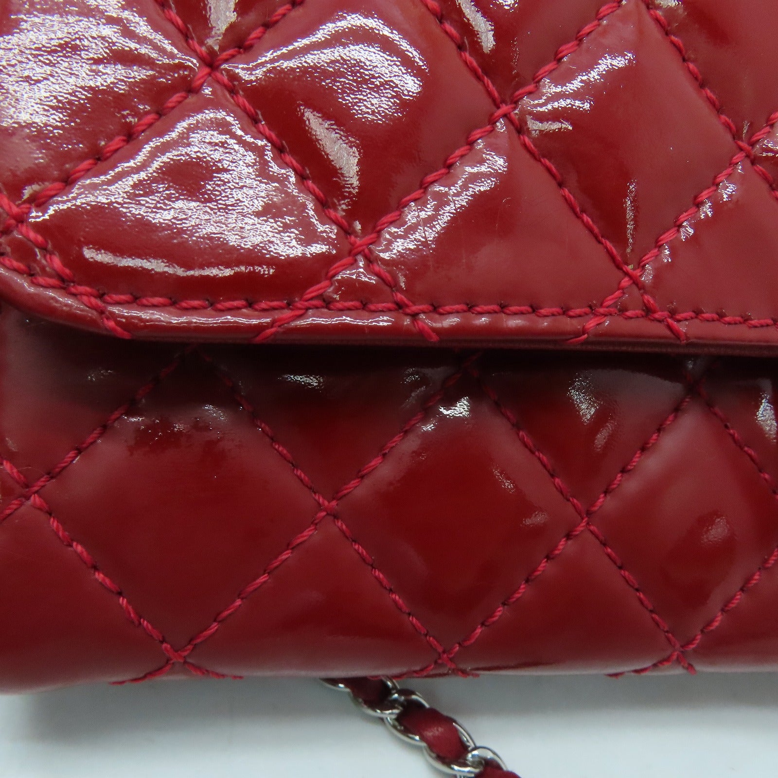 CHANEL 菱格漆皮皮革Chain Shoulder Bag银扣肩背袋红色