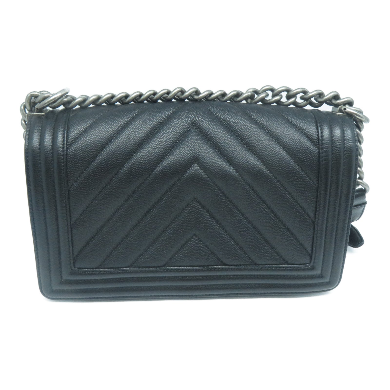 CHANEL Caviar皮革Boy 25cm銀扣鏈帶肩背袋黑色