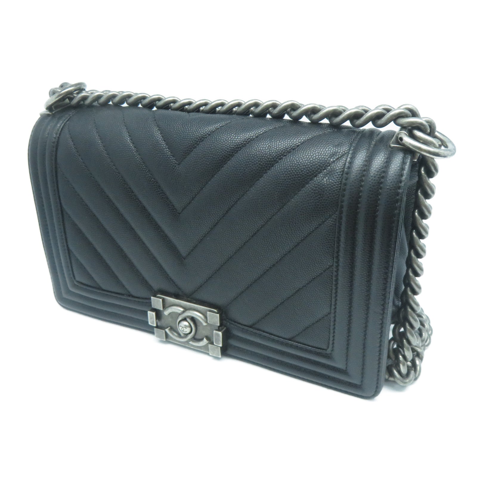 CHANEL Caviar皮革Boy 25cm銀扣鏈帶肩背袋黑色
