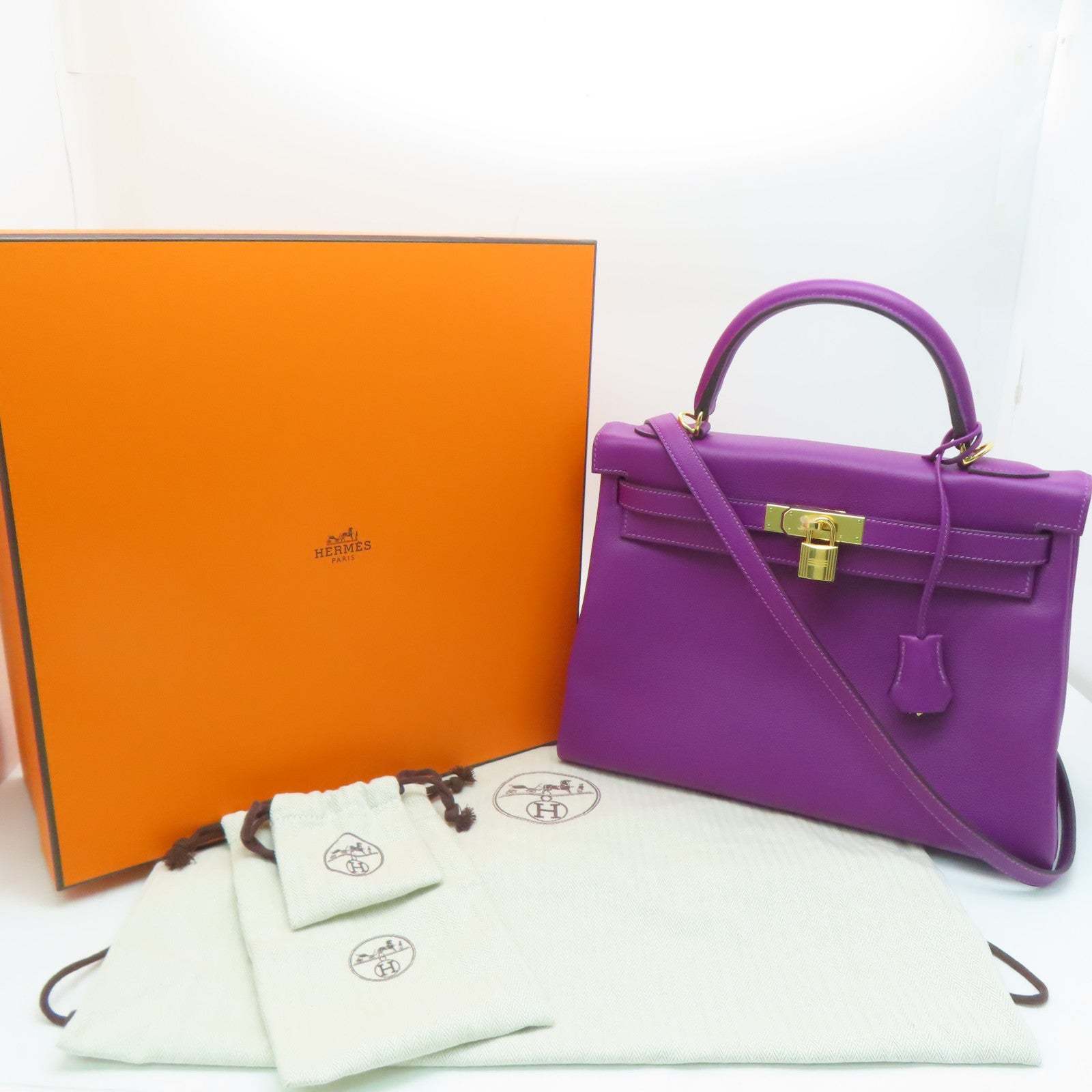 HERMES Evercolor皮革Kelly 32金扣手挽肩背兩用袋Anemone/紫色
