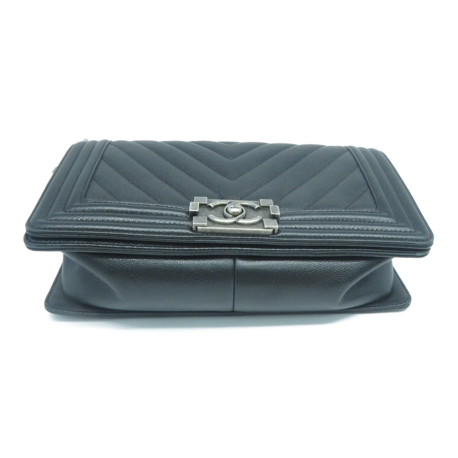 CHANEL Caviar皮革Boy 25cm銀扣鏈帶肩背袋黑色