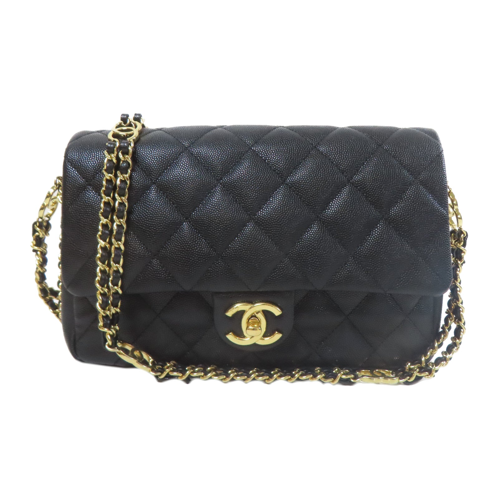 CHANEL 菱格牛皮皮革Chain Shoulder金扣鏈帶肩背袋黑色