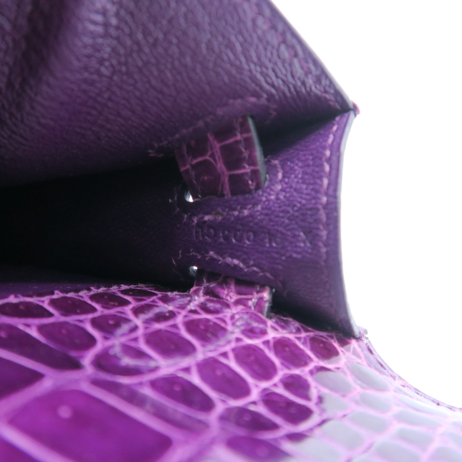 HERMES Croco Porosus鳄鱼皮革Kelly Cut金扣手拿包紫水晶色