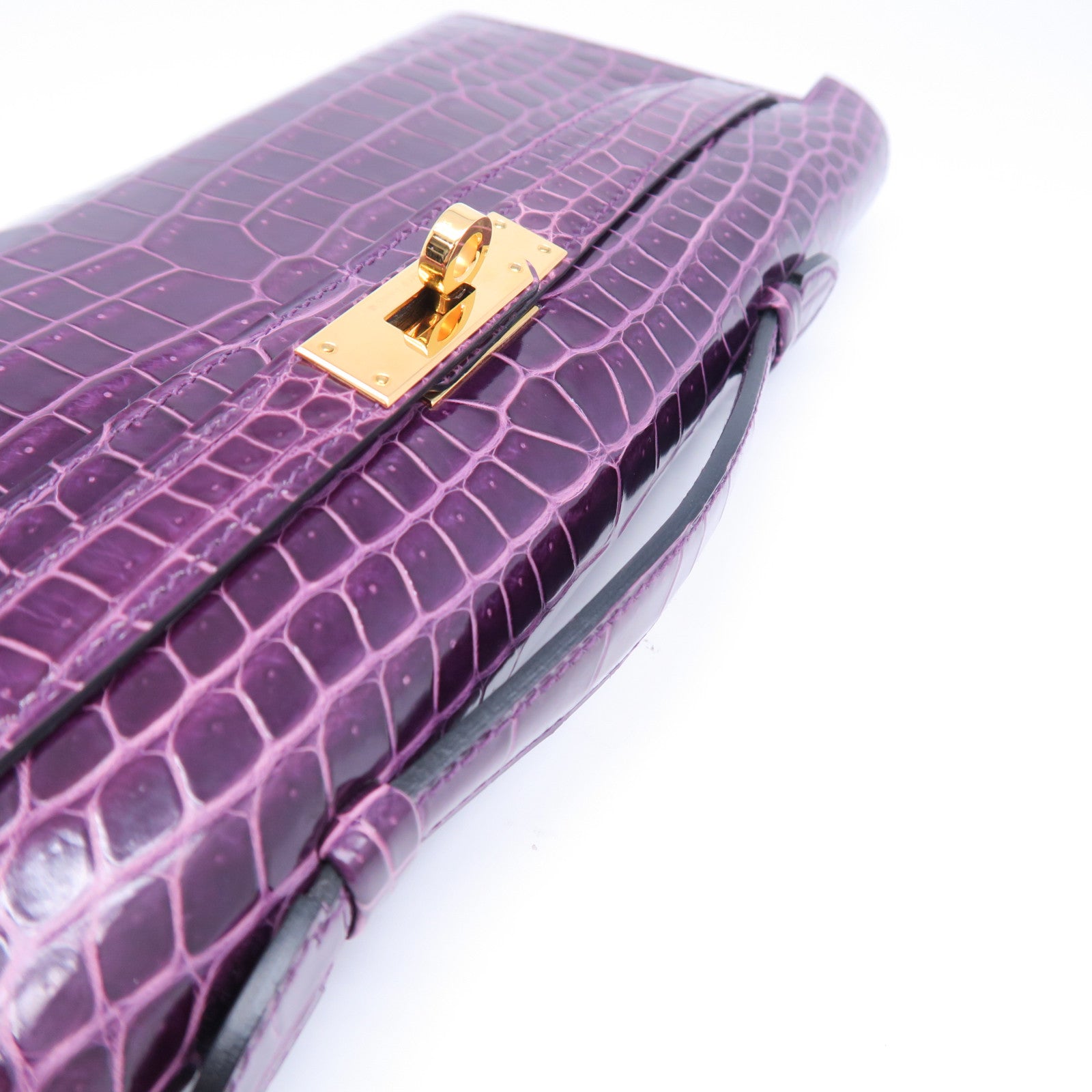 HERMES Croco Porosus鳄鱼皮革Kelly Cut金扣手拿包紫水晶色