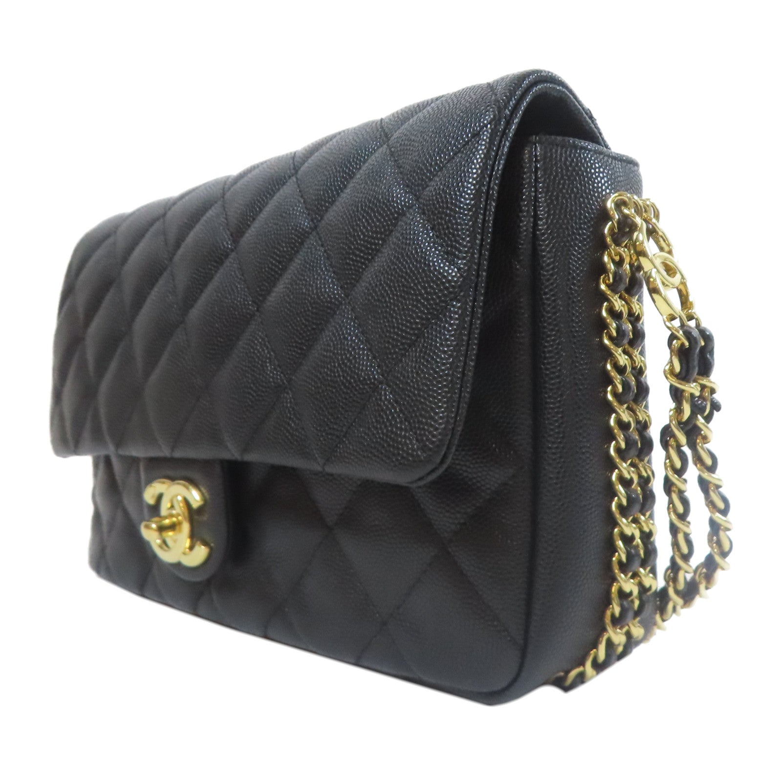 CHANEL 菱格牛皮皮革Chain Shoulder金扣鏈帶肩背袋黑色