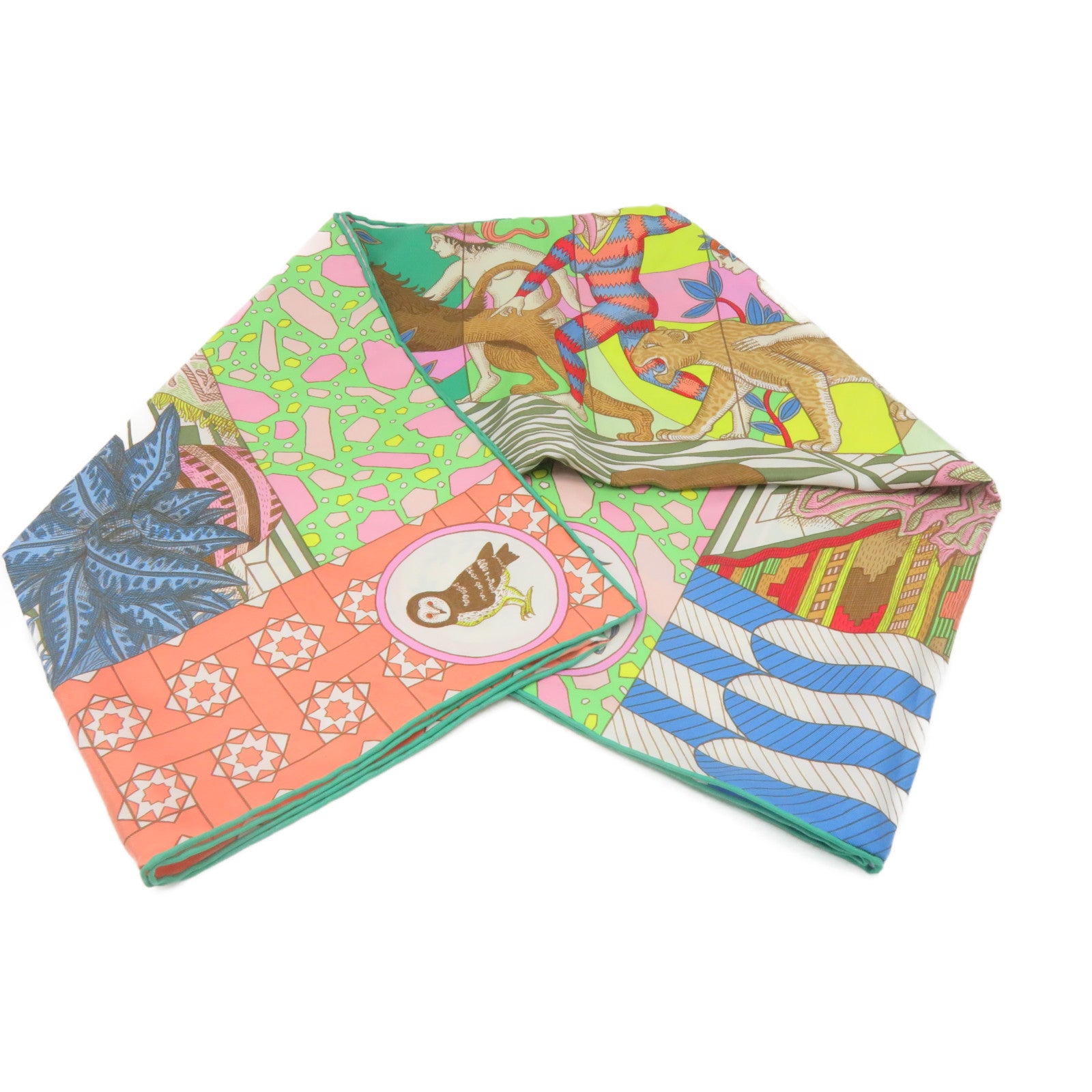 HERMES 絲質Scarf 90x90絲巾粉紅色/綠色/彩色