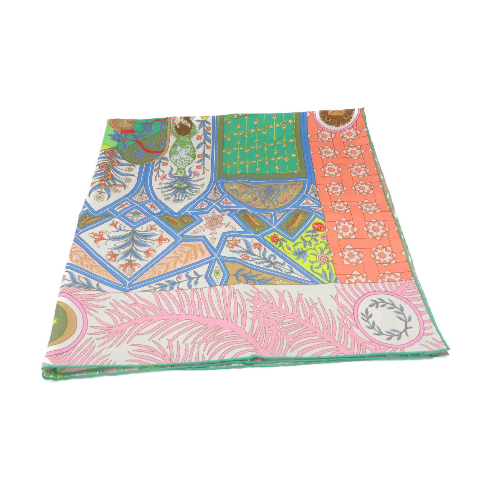 HERMES 絲質Scarf 90x90絲巾粉紅色/綠色/彩色