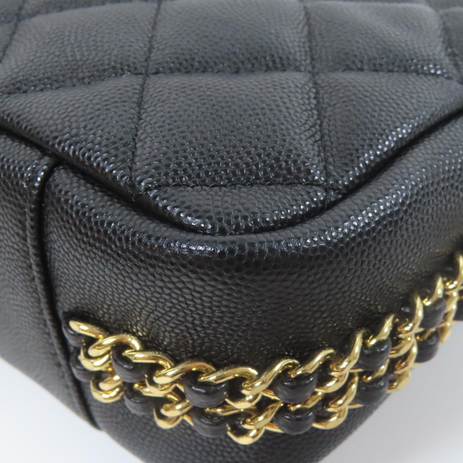 CHANEL 菱格牛皮皮革Chain Shoulder金扣鏈帶肩背袋黑色