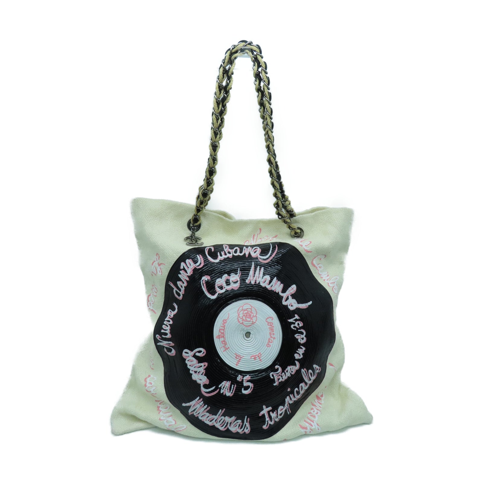 CHANEL 帆布Shoulder Bag银扣链带肩背袋白色
