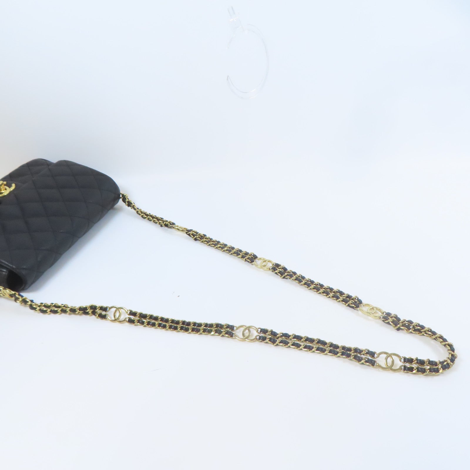 CHANEL 菱格牛皮皮革Chain Shoulder金扣鏈帶肩背袋黑色