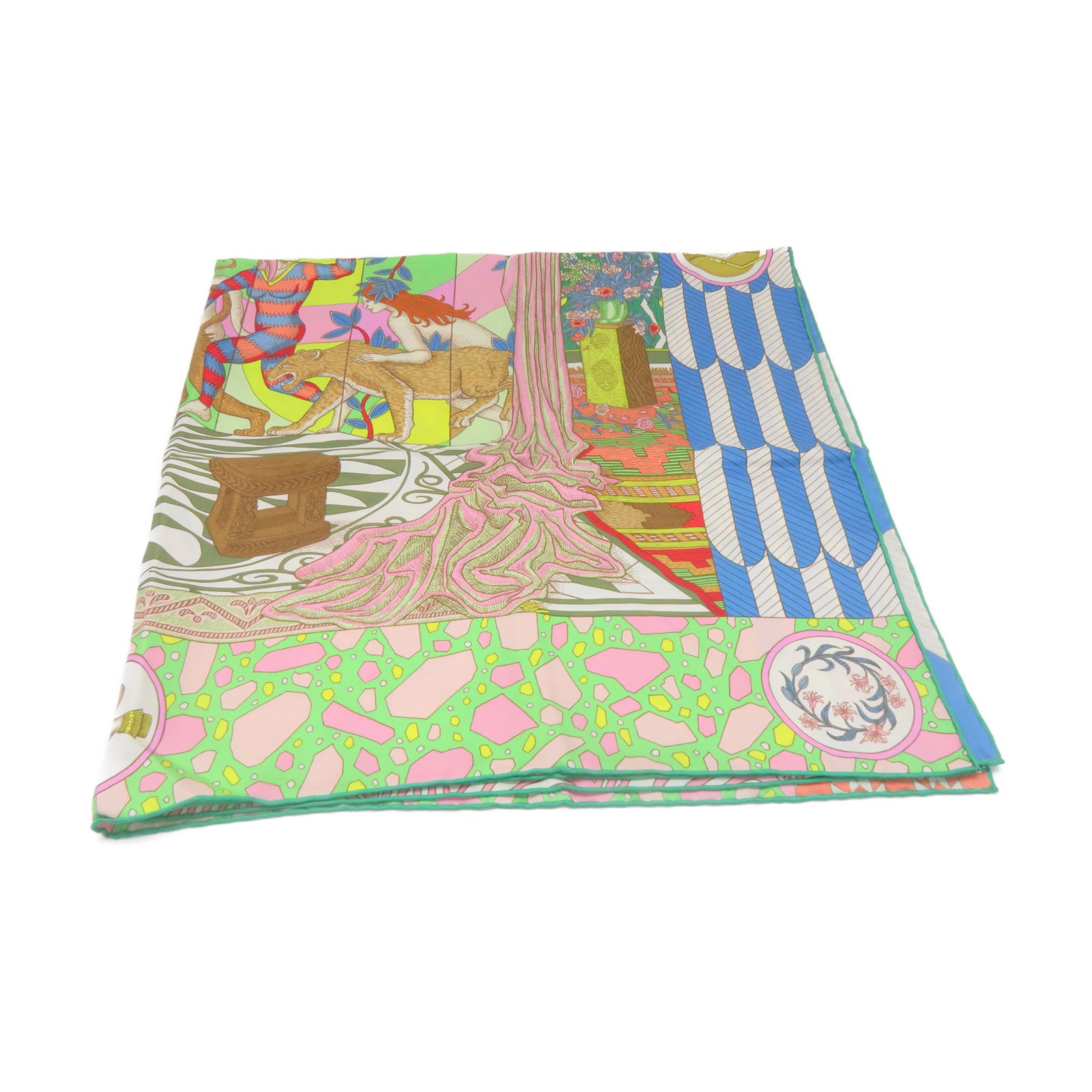 HERMES 絲質Scarf 90x90絲巾粉紅色/綠色/彩色