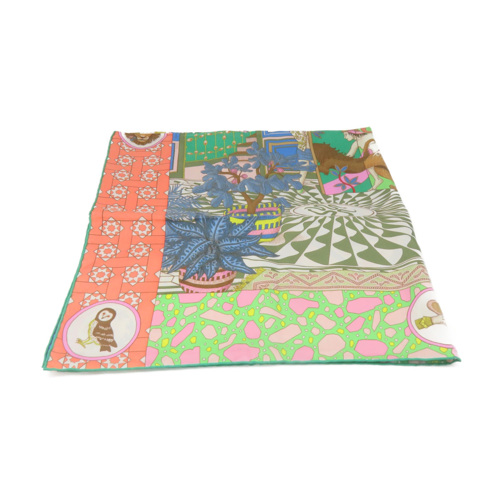 HERMES 絲質Scarf 90x90絲巾粉紅色/綠色/彩色