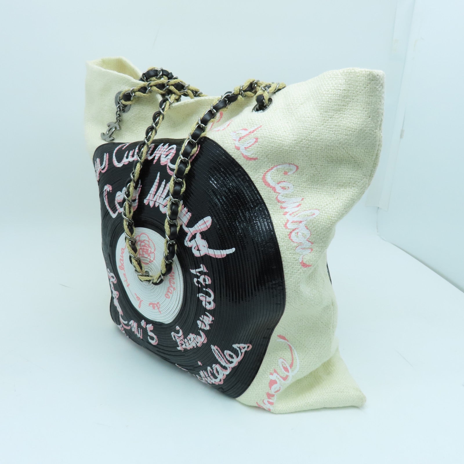 CHANEL 帆布Shoulder Bag银扣链带肩背袋白色