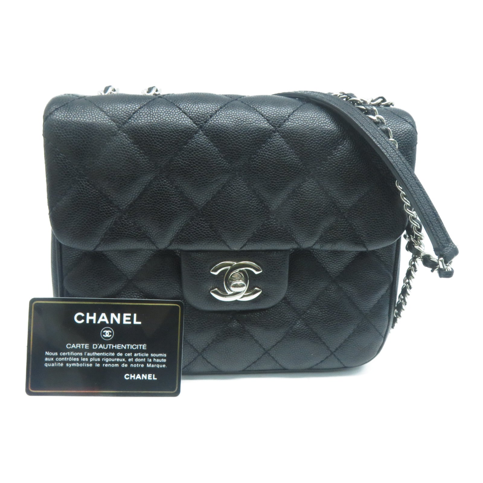 CHANEL 菱格Caviar皮革Chain Shoulder銀扣鏈帶肩背袋黑色