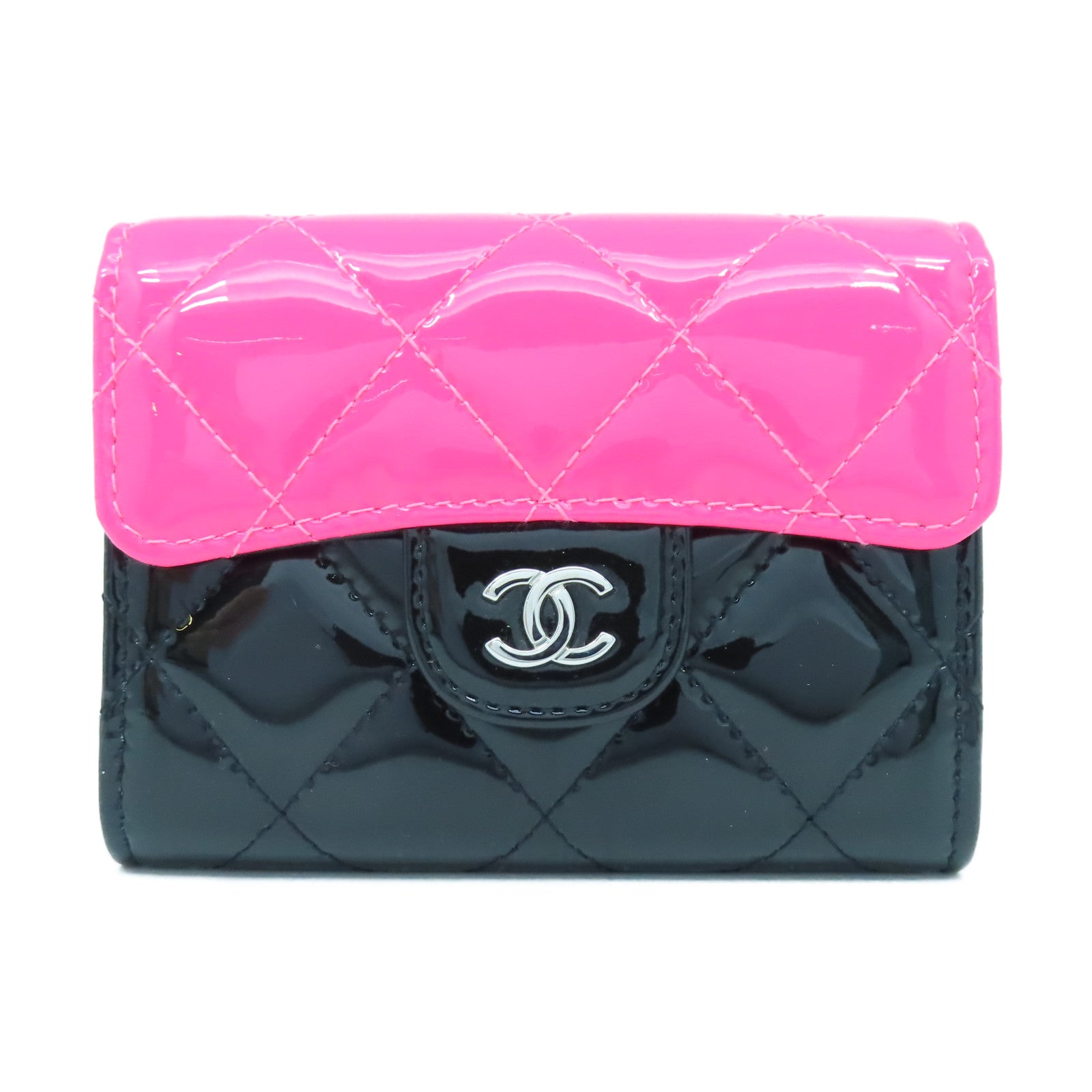 CHANEL 菱格漆皮皮革Card Case銀扣卡片套黑色/粉紅色