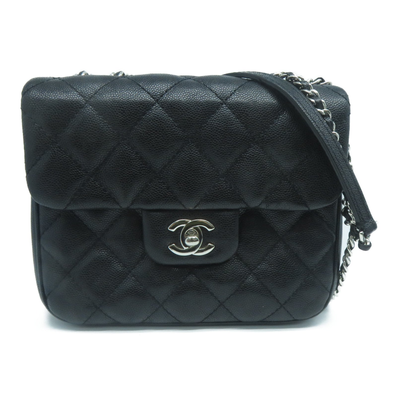 CHANEL 菱格Caviar皮革Chain Shoulder銀扣鏈帶肩背袋黑色