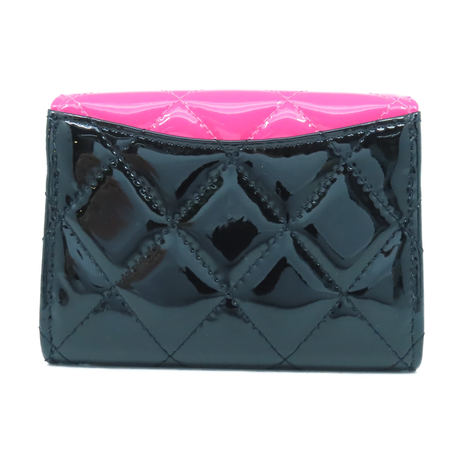 CHANEL 菱格漆皮皮革Card Case銀扣卡片套黑色/粉紅色