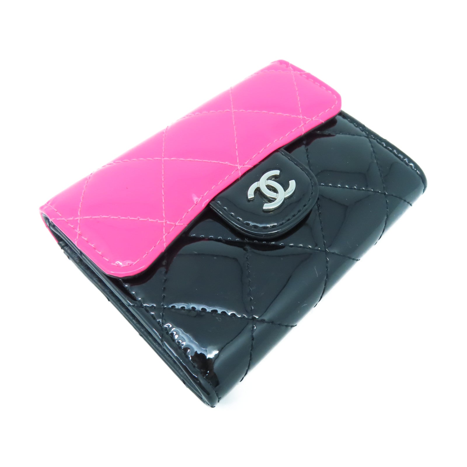 CHANEL 菱格漆皮皮革Card Case銀扣卡片套黑色/粉紅色