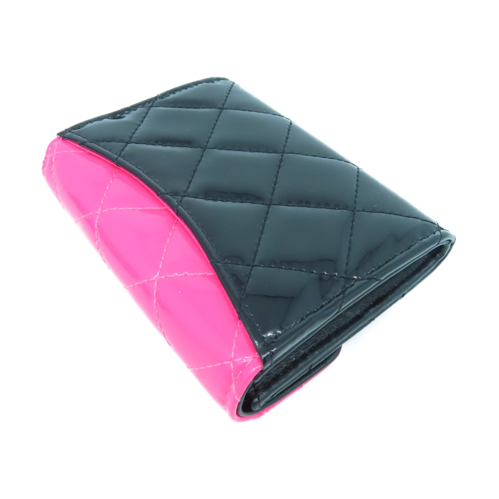 CHANEL 菱格漆皮皮革Card Case銀扣卡片套黑色/粉紅色