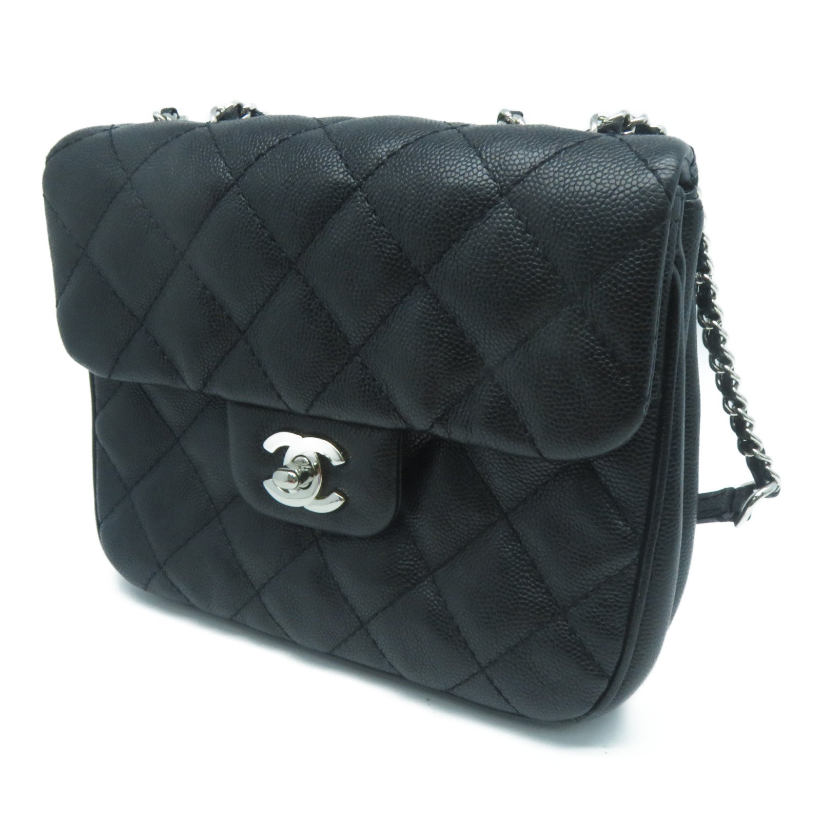CHANEL 菱格Caviar皮革Chain Shoulder銀扣鏈帶肩背袋黑色