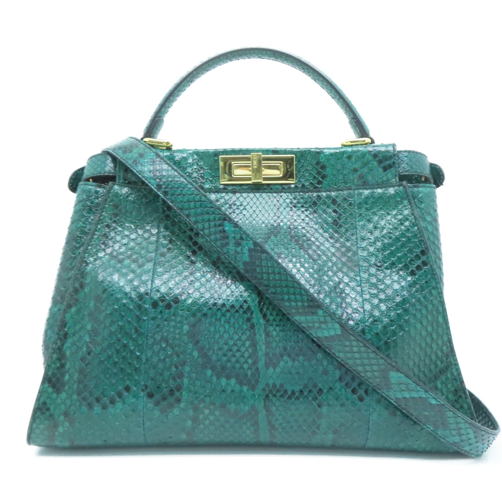 FENDI 蛇皮皮革Peekaboo金扣手挽肩背兩用袋綠色