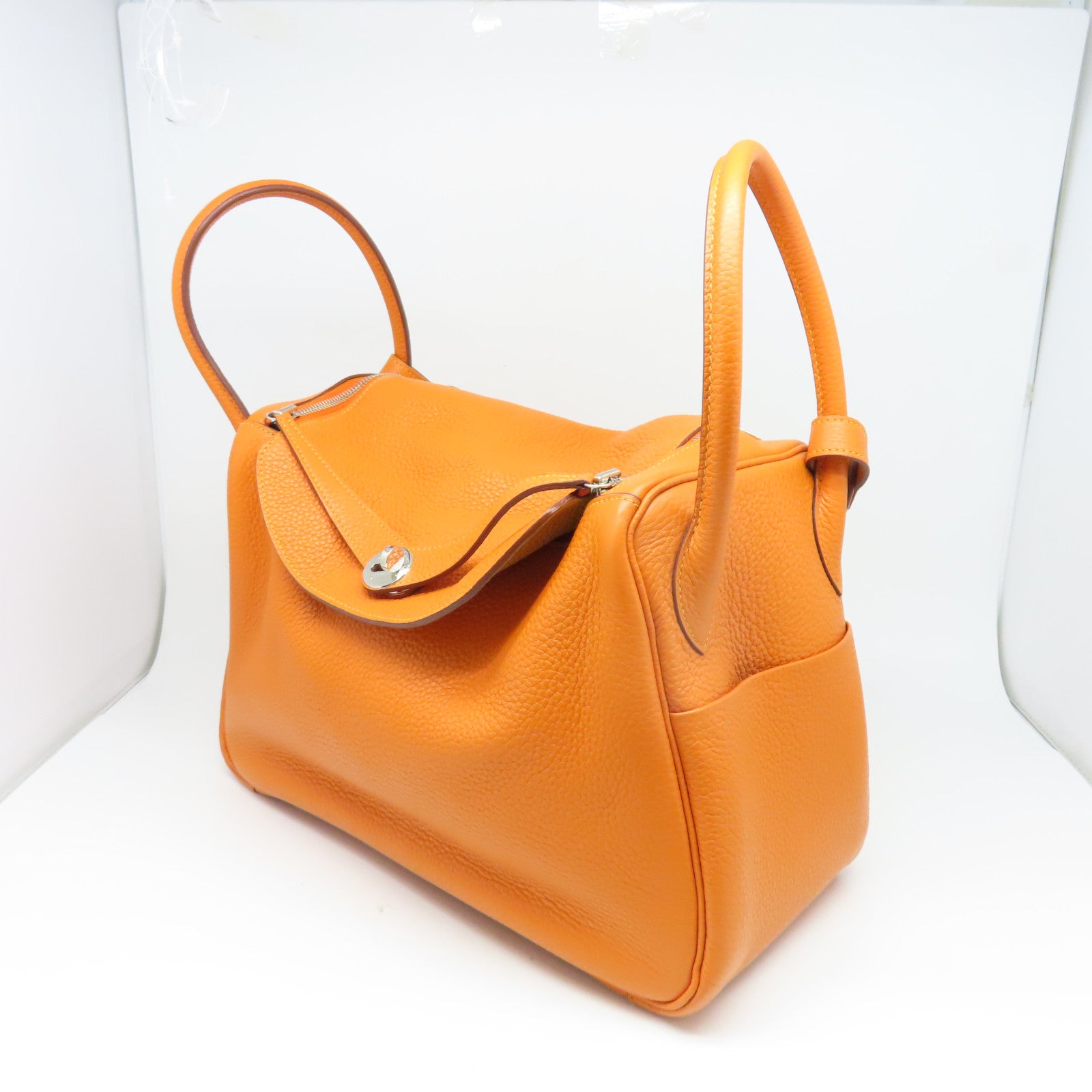 HERMES 【激減優惠】Clemence皮革Lindy 34銀扣手挽肩背兩用袋橙色