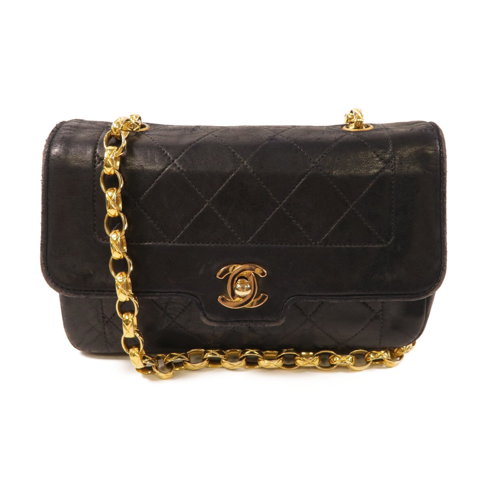 CHANEL 菱格羊皮皮革Chain Shoulder金扣鏈帶肩背袋黑色